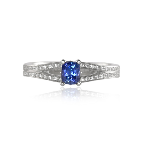 Elegant Cushion Cut Blue Sapphire and Pave Ring