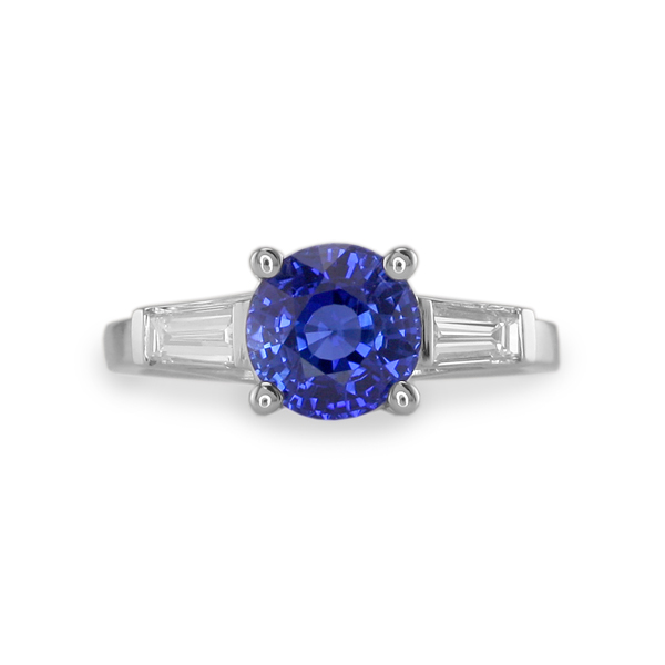 Natural Sapphire Trellis Engagement Ring with Baguettes